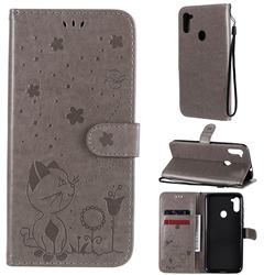 Embossing Bee and Cat Leather Wallet Case for Samsung Galaxy A11 - Gray