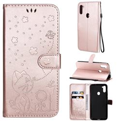 Embossing Bee and Cat Leather Wallet Case for Samsung Galaxy A11 - Rose Gold