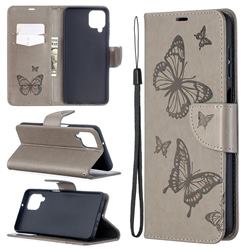 Embossing Double Butterfly Leather Wallet Case for Samsung Galaxy A12 - Gray