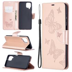 Embossing Double Butterfly Leather Wallet Case for Samsung Galaxy A12 - Rose Gold