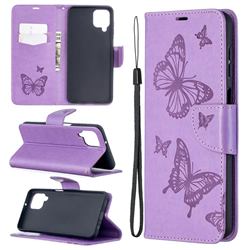 Embossing Double Butterfly Leather Wallet Case for Samsung Galaxy A12 - Purple