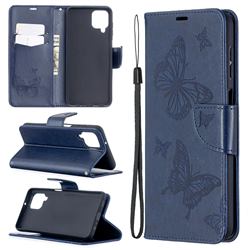 Embossing Double Butterfly Leather Wallet Case for Samsung Galaxy A12 - Dark Blue