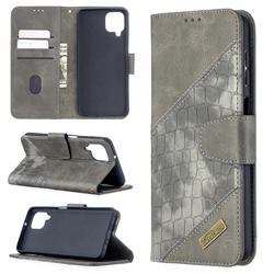 BinfenColor BF04 Color Block Stitching Crocodile Leather Case Cover for Samsung Galaxy A12 - Gray