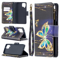 Golden Shining Butterfly Binfen Color BF03 Retro Zipper Leather Wallet Phone Case for Samsung Galaxy A12