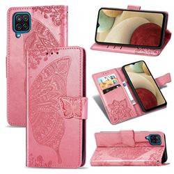 Embossing Mandala Flower Butterfly Leather Wallet Case for Samsung Galaxy A12 - Pink