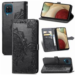 Embossing Imprint Mandala Flower Leather Wallet Case for Samsung Galaxy A12 - Black