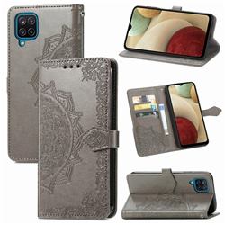 Embossing Imprint Mandala Flower Leather Wallet Case for Samsung Galaxy A12 - Gray