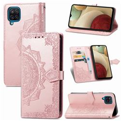 Embossing Imprint Mandala Flower Leather Wallet Case for Samsung Galaxy A12 - Rose Gold
