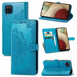 Embossing Imprint Mandala Flower Leather Wallet Case for Samsung Galaxy A12 - Blue