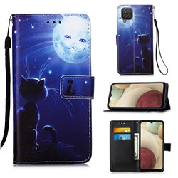 Cat and Moon Matte Leather Wallet Phone Case for Samsung Galaxy A12