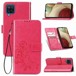 Embossing Imprint Four-Leaf Clover Leather Wallet Case for Samsung Galaxy A12 - Rose Red