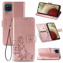 Embossing Imprint Four-Leaf Clover Leather Wallet Case for Samsung Galaxy A12 - Rose Gold