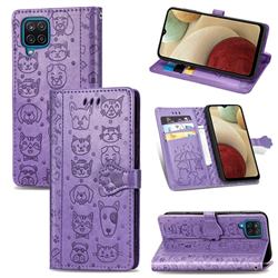 Embossing Dog Paw Kitten and Puppy Leather Wallet Case for Samsung Galaxy A12 - Purple