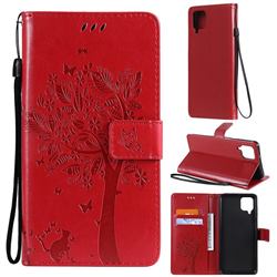Embossing Butterfly Tree Leather Wallet Case for Samsung Galaxy A12 - Red