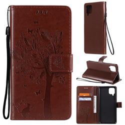 Embossing Butterfly Tree Leather Wallet Case for Samsung Galaxy A12 - Coffee