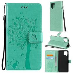 Embossing Butterfly Tree Leather Wallet Case for Samsung Galaxy A12 - Cyan
