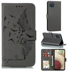 Intricate Embossing Lychee Feather Bird Leather Wallet Case for Samsung Galaxy A12 - Gray