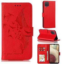 Intricate Embossing Lychee Feather Bird Leather Wallet Case for Samsung Galaxy A12 - Red
