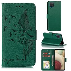 Intricate Embossing Lychee Feather Bird Leather Wallet Case for Samsung Galaxy A12 - Green