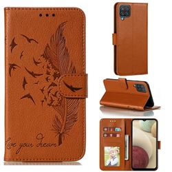Intricate Embossing Lychee Feather Bird Leather Wallet Case for Samsung Galaxy A12 - Brown