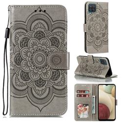 Intricate Embossing Datura Solar Leather Wallet Case for Samsung Galaxy A12 - Gray