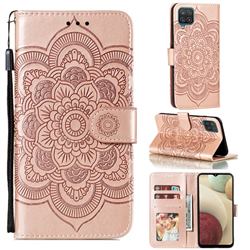 Intricate Embossing Datura Solar Leather Wallet Case for Samsung Galaxy A12 - Rose Gold