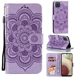 Intricate Embossing Datura Solar Leather Wallet Case for Samsung Galaxy A12 - Purple