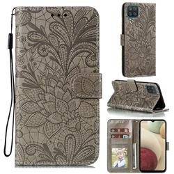 Intricate Embossing Lace Jasmine Flower Leather Wallet Case for Samsung Galaxy A12 - Gray