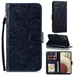 Intricate Embossing Lace Jasmine Flower Leather Wallet Case for Samsung Galaxy A12 - Dark Blue