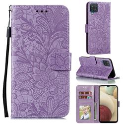 Intricate Embossing Lace Jasmine Flower Leather Wallet Case for Samsung Galaxy A12 - Purple