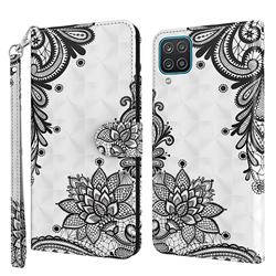 Black Lace Flower 3D Painted Leather Wallet Case for Samsung Galaxy A12