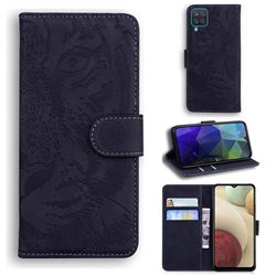 Intricate Embossing Tiger Face Leather Wallet Case for Samsung Galaxy A12 - Black