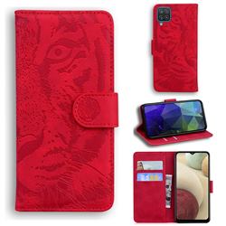 Intricate Embossing Tiger Face Leather Wallet Case for Samsung Galaxy A12 - Red