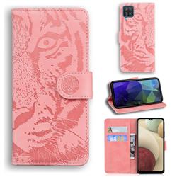 Intricate Embossing Tiger Face Leather Wallet Case for Samsung Galaxy A12 - Pink