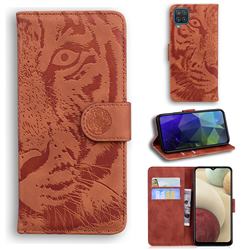 Intricate Embossing Tiger Face Leather Wallet Case for Samsung Galaxy A12 - Brown