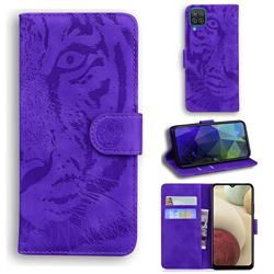 Intricate Embossing Tiger Face Leather Wallet Case for Samsung Galaxy A12 - Purple