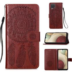 Embossing Dream Catcher Mandala Flower Leather Wallet Case for Samsung Galaxy A12 - Brown
