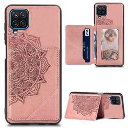 Mandala Flower Cloth Multifunction Stand Card Leather Phone Case for Samsung Galaxy A12 - Rose Gold