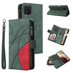 Luxury Two-color Stitching Multi-function Zipper Leather Wallet Case Cover for Samsung Galaxy A12 - Green