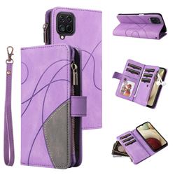 Luxury Two-color Stitching Multi-function Zipper Leather Wallet Case Cover for Samsung Galaxy A12 - Purple