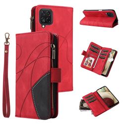 Luxury Two-color Stitching Multi-function Zipper Leather Wallet Case Cover for Samsung Galaxy A12 - Red