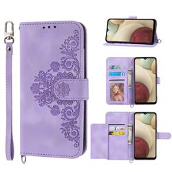 Skin Feel Embossed Lace Flower Multiple Card Slots Leather Wallet Phone Case for Samsung Galaxy A12 - Purple