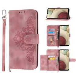 Skin Feel Embossed Lace Flower Multiple Card Slots Leather Wallet Phone Case for Samsung Galaxy A12 - Pink