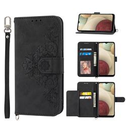 Skin Feel Embossed Lace Flower Multiple Card Slots Leather Wallet Phone Case for Samsung Galaxy A12 - Black