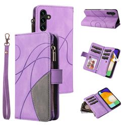 Luxury Two-color Stitching Multi-function Zipper Leather Wallet Case Cover for Samsung Galaxy A13 5G - Purple