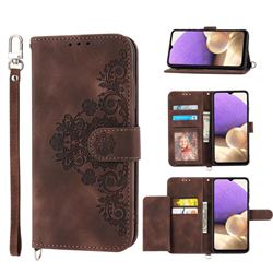 Skin Feel Embossed Lace Flower Multiple Card Slots Leather Wallet Phone Case for Samsung Galaxy A13 5G - Brown