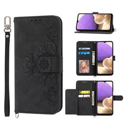 Skin Feel Embossed Lace Flower Multiple Card Slots Leather Wallet Phone Case for Samsung Galaxy A13 5G - Black