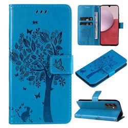 Embossing Butterfly Tree Leather Wallet Case for Samsung Galaxy A14 5G - Blue