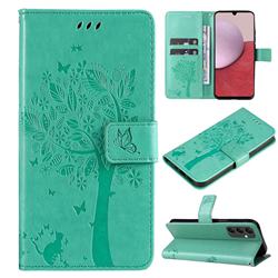 Embossing Butterfly Tree Leather Wallet Case for Samsung Galaxy A14 5G - Cyan