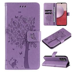 Embossing Butterfly Tree Leather Wallet Case for Samsung Galaxy A14 5G - Violet